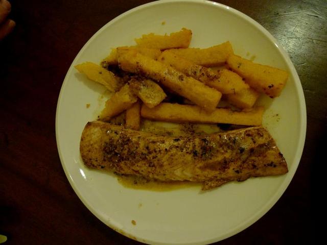 Panfried dolphinfish with polenta chips